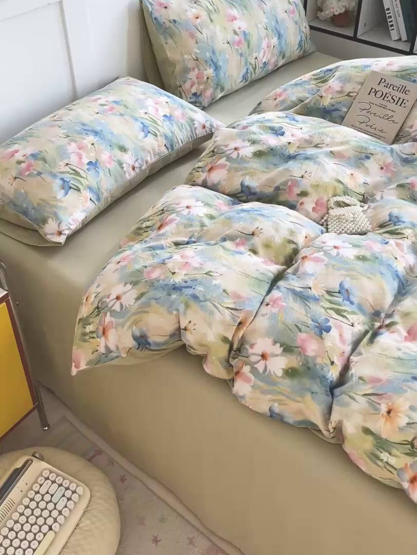 91家纺网 家纺一手货源 找家纺 王朝国际 2025新款爆款云感亚麻有氧双层纱皱皱双层纱四件套 花精灵