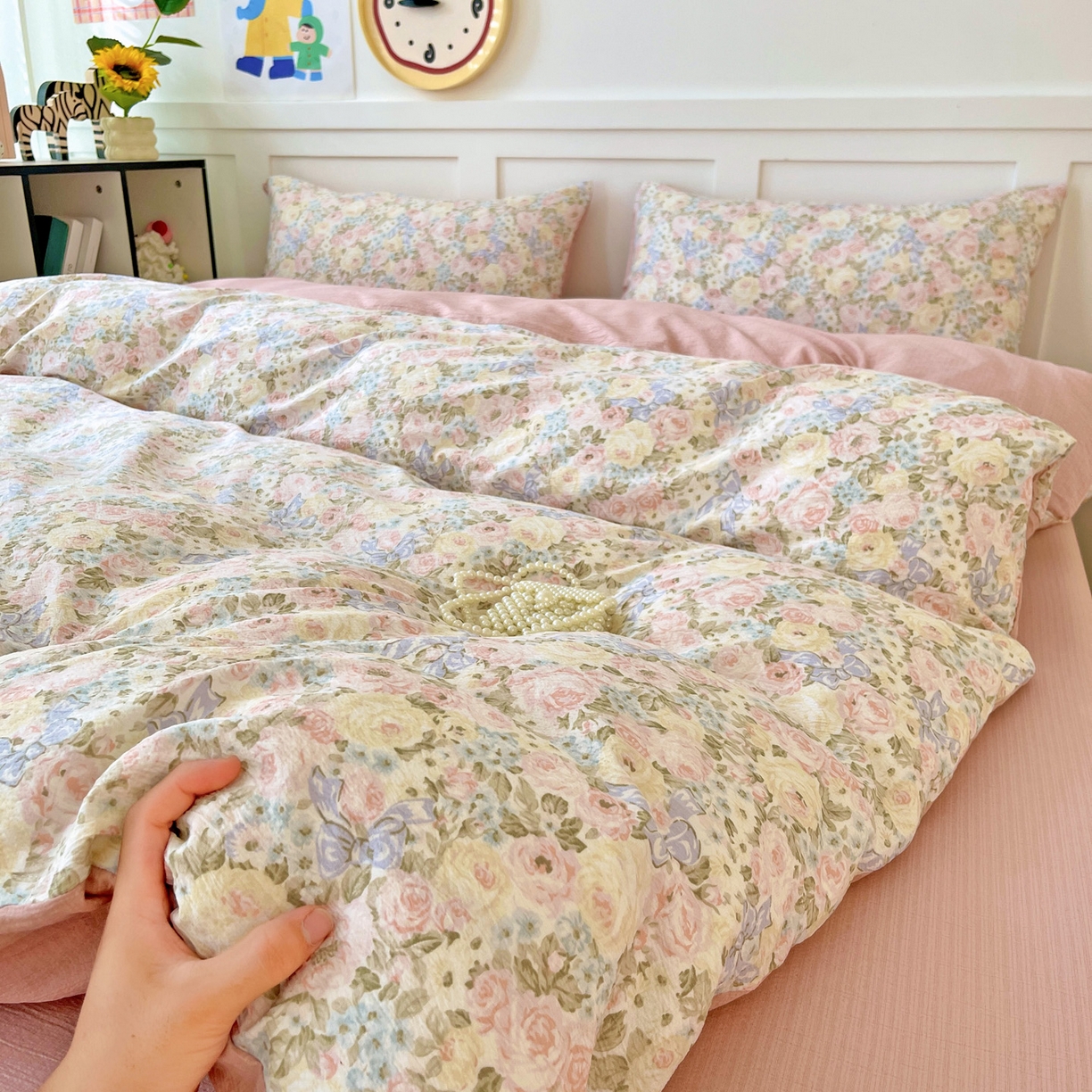 王朝国际 2025新款爆款云感亚麻有氧双层纱皱皱双层纱四件套 花仙子