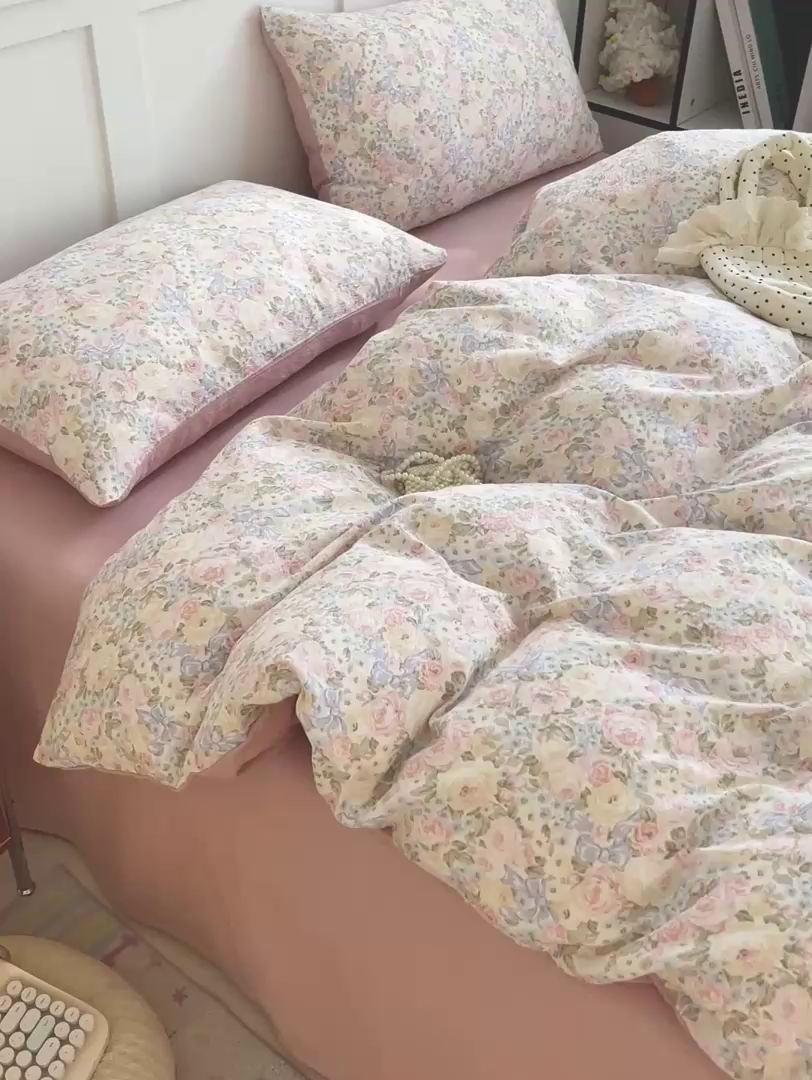 91家纺网 家纺一手货源 找家纺 王朝国际 2025新款爆款云感亚麻有氧双层纱皱皱双层纱四件套 花仙子