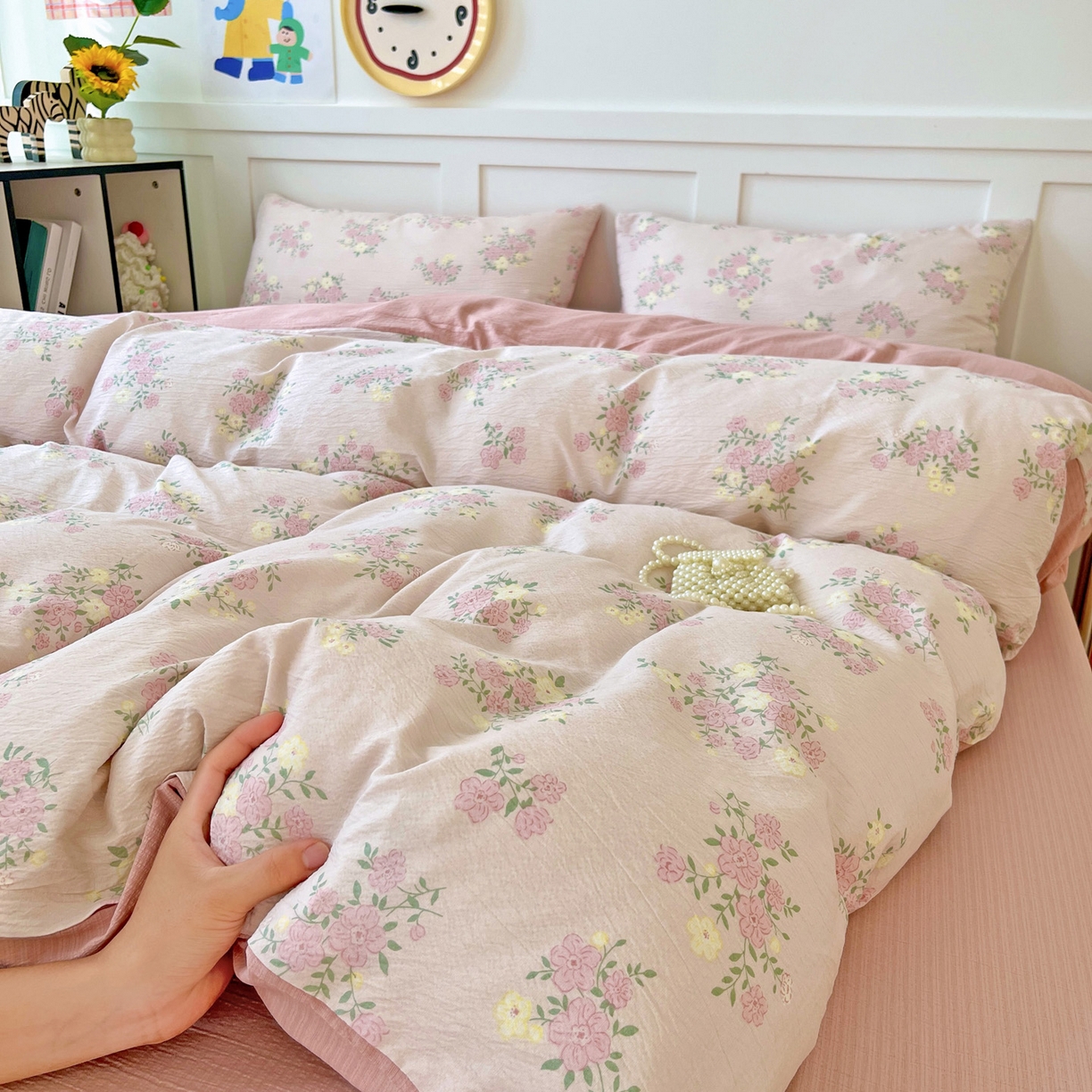 王朝国际 2025新款爆款云感亚麻有氧双层纱皱皱双层纱四件套 花樱梦