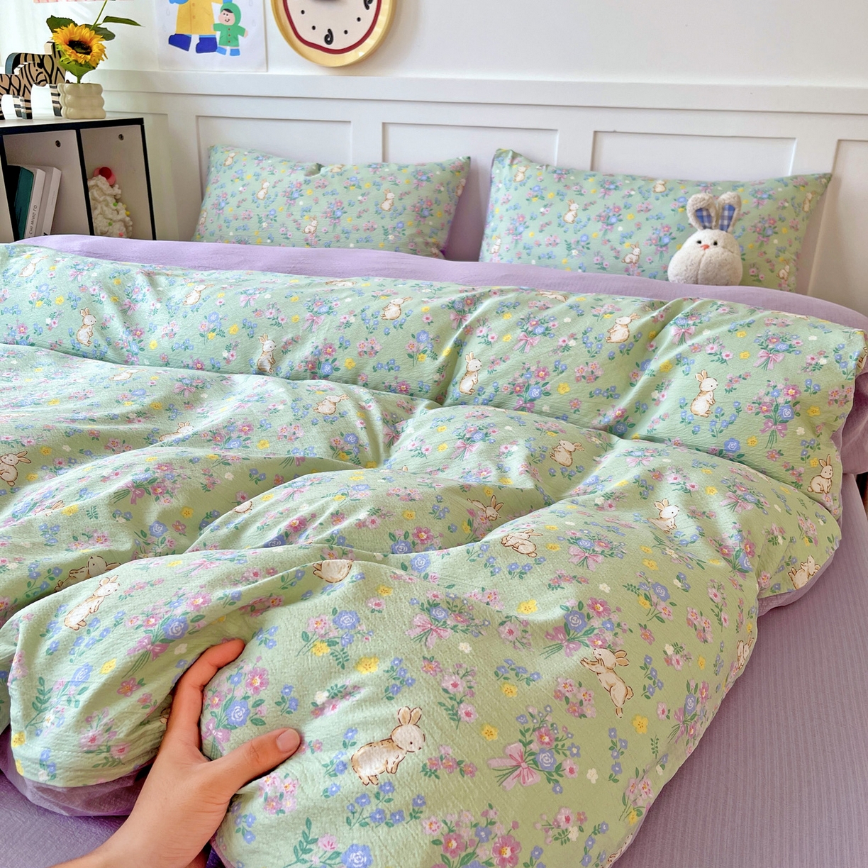 王朝国际 2025新款爆款云感亚麻有氧双层纱皱皱双层纱四件套 花园小兔