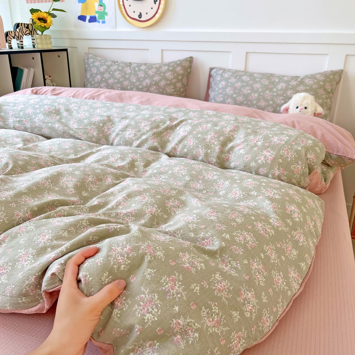 王朝国际 2025新款爆款云感亚麻有氧双层纱皱皱双层纱四件套 盛夏玫瑰