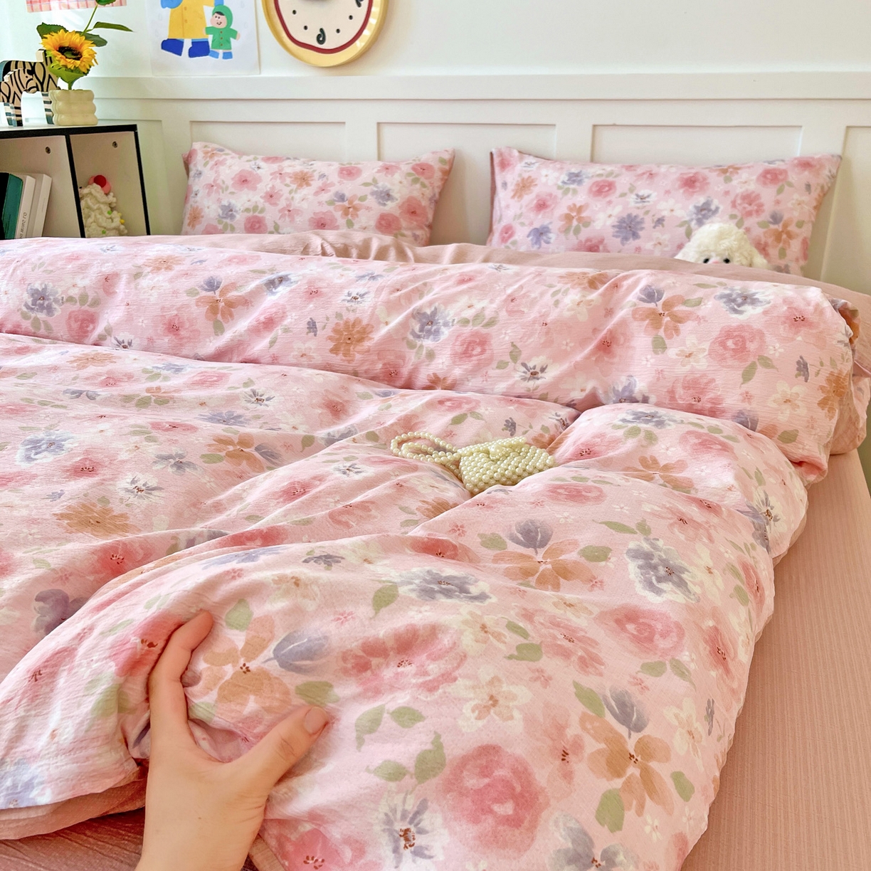 王朝国际 2025新款爆款云感亚麻有氧双层纱皱皱双层纱四件套 桃夭