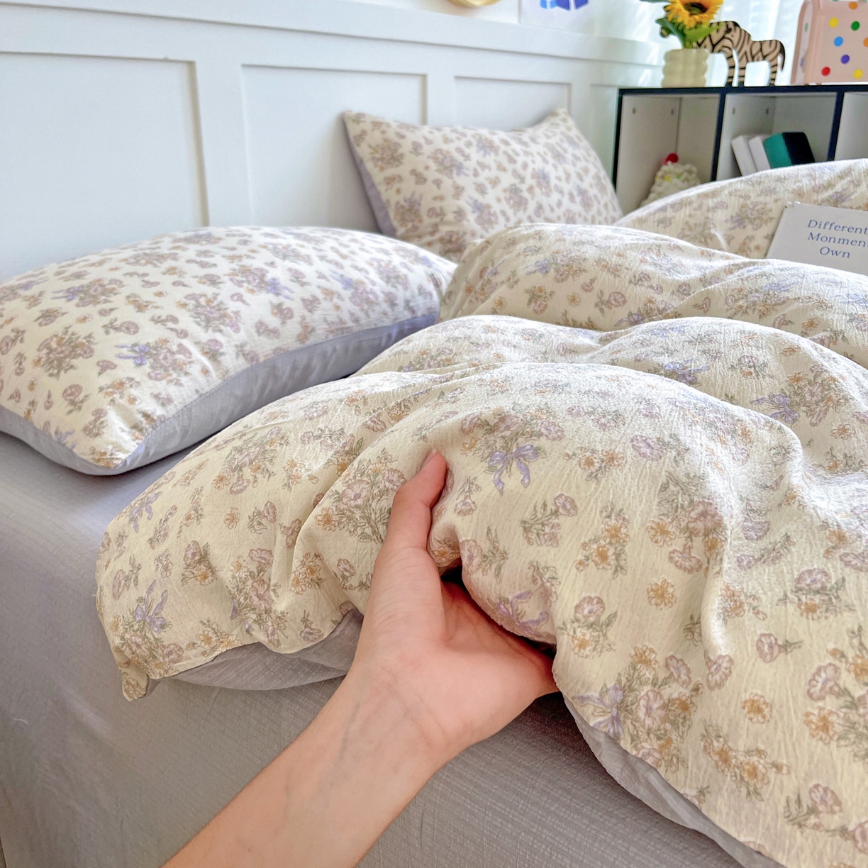 91家纺网 家纺一手货源 找家纺 王朝国际 2025新款爆款云感亚麻有氧双层纱皱皱双层纱四件套 夕颜