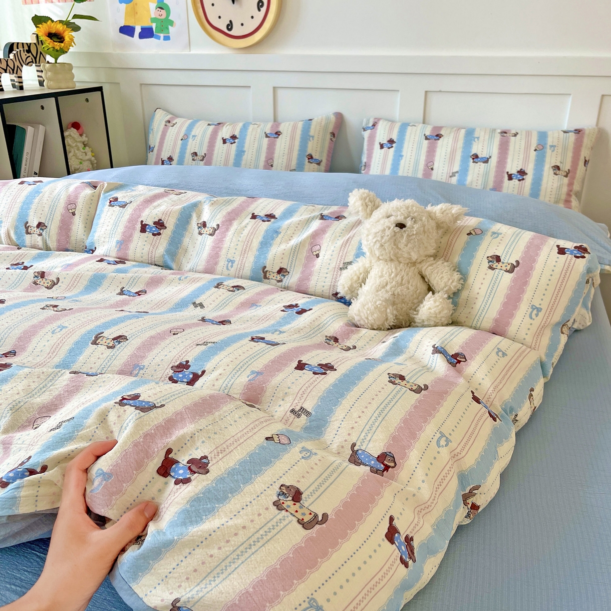 王朝国际 2025新款爆款云感亚麻有氧双层纱皱皱双层纱四件套 小奶狗