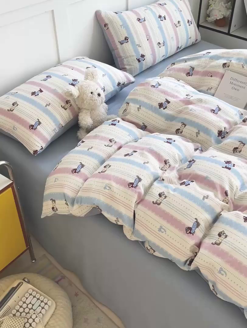 91家纺网 家纺一手货源 找家纺 王朝国际 2025新款爆款云感亚麻有氧双层纱皱皱双层纱四件套 小奶狗