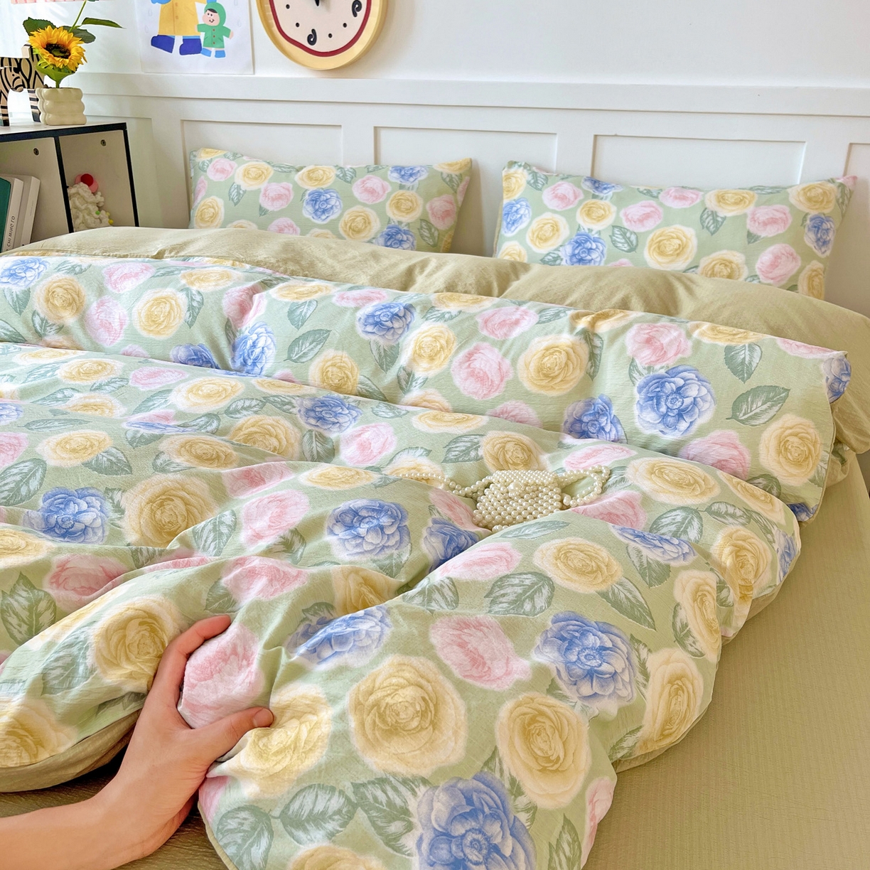 王朝国际 2025新款爆款云感亚麻有氧双层纱皱皱双层纱四件套 小乔玫瑰