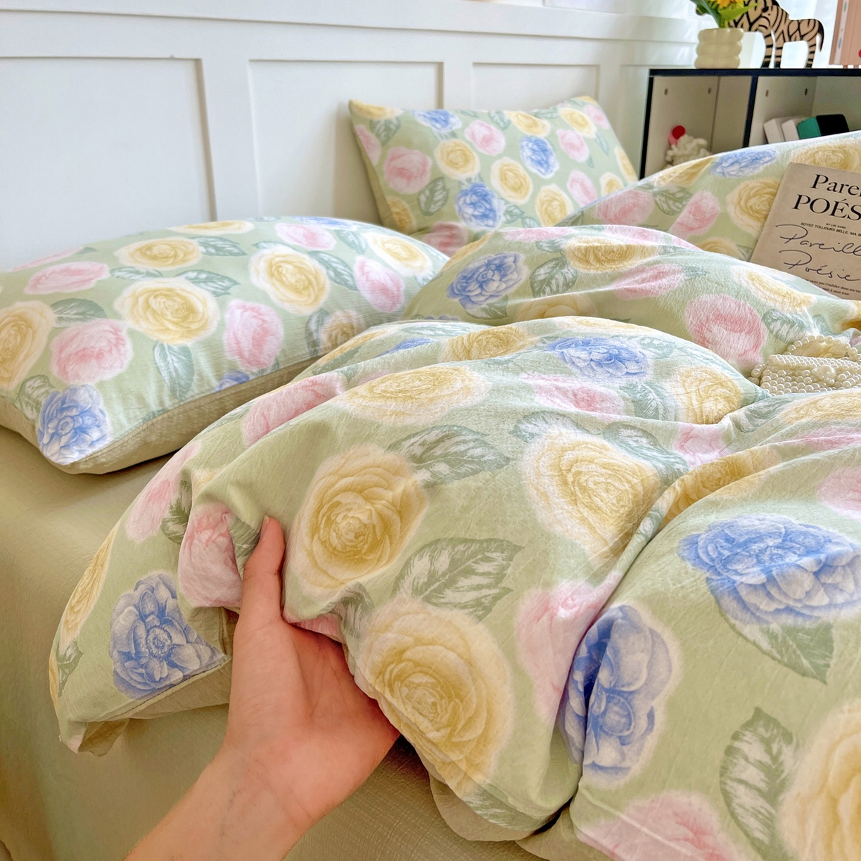 91家纺网 家纺一手货源 找家纺 王朝国际 2025新款爆款云感亚麻有氧双层纱皱皱双层纱四件套 小乔玫瑰