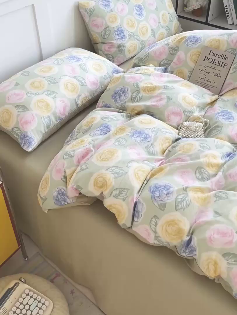 91家纺网 家纺一手货源 找家纺 王朝国际 2025新款爆款云感亚麻有氧双层纱皱皱双层纱四件套 小乔玫瑰