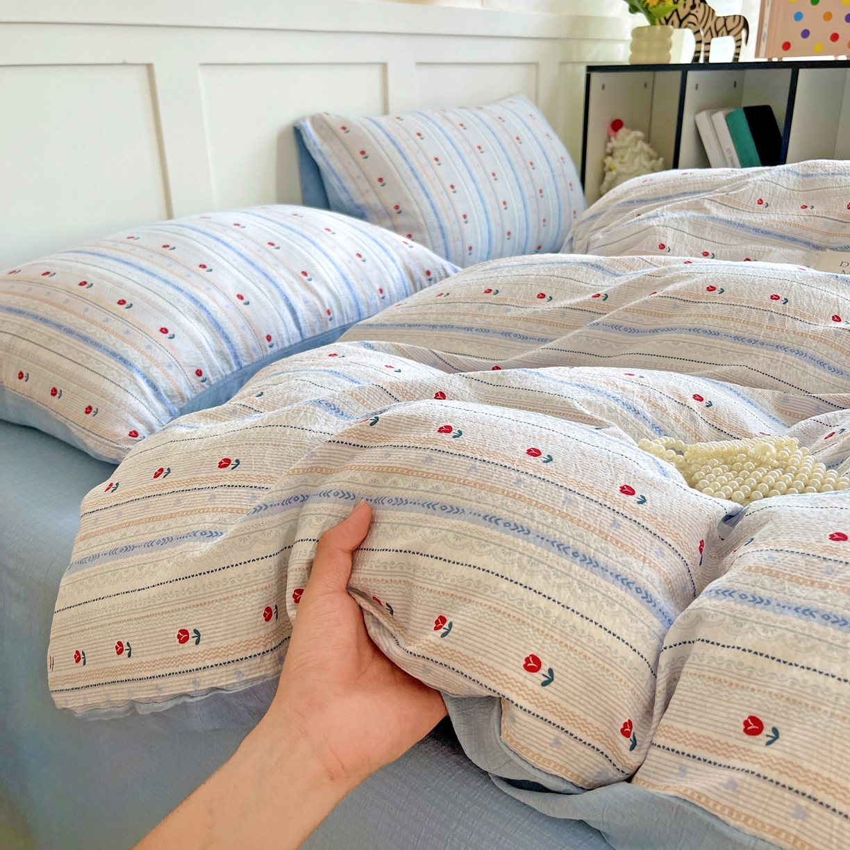 91家纺网 家纺一手货源 找家纺 王朝国际 2025新款爆款云感亚麻有氧双层纱皱皱双层纱四件套 郁金香