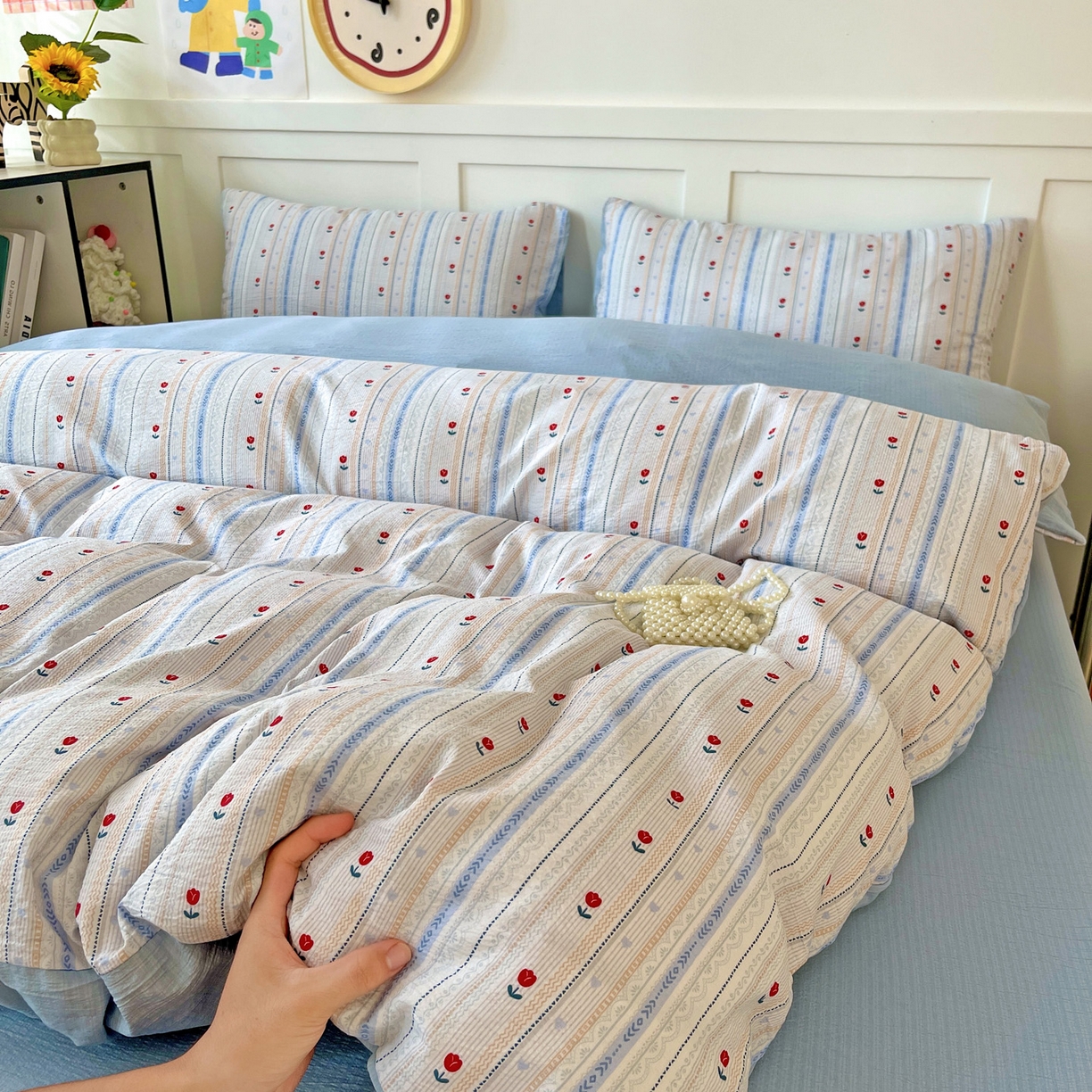 王朝国际 2025新款爆款云感亚麻有氧双层纱皱皱双层纱四件套 郁金香