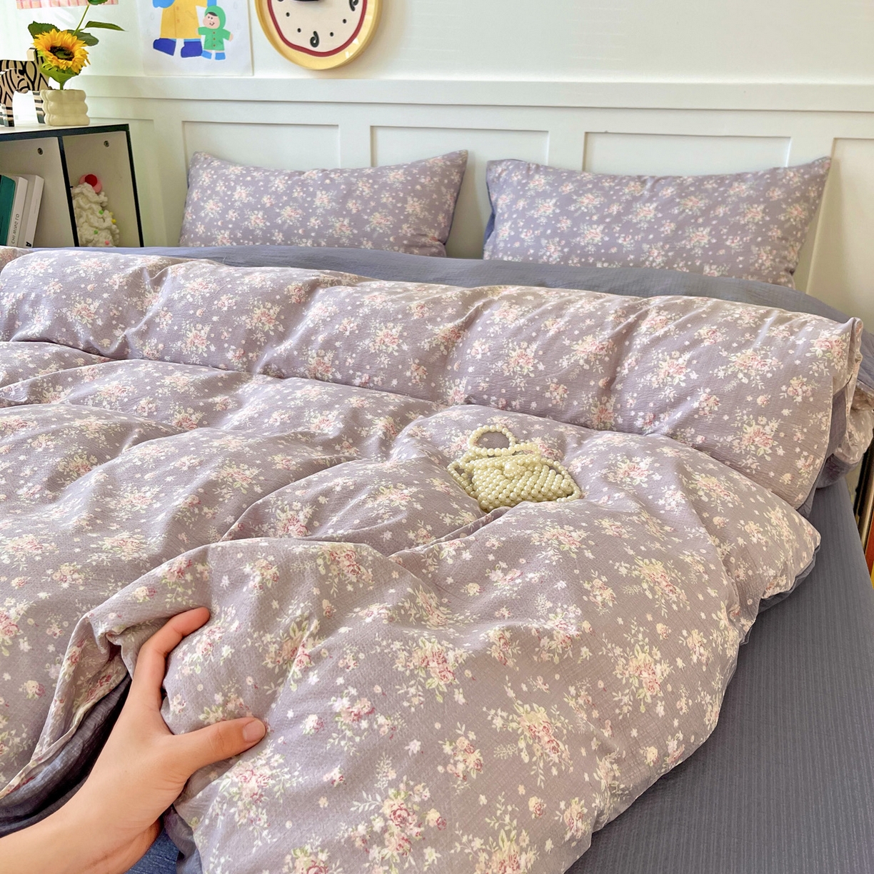 王朝国际 2025新款爆款云感亚麻有氧双层纱皱皱双层纱四件套 紫蔷薇