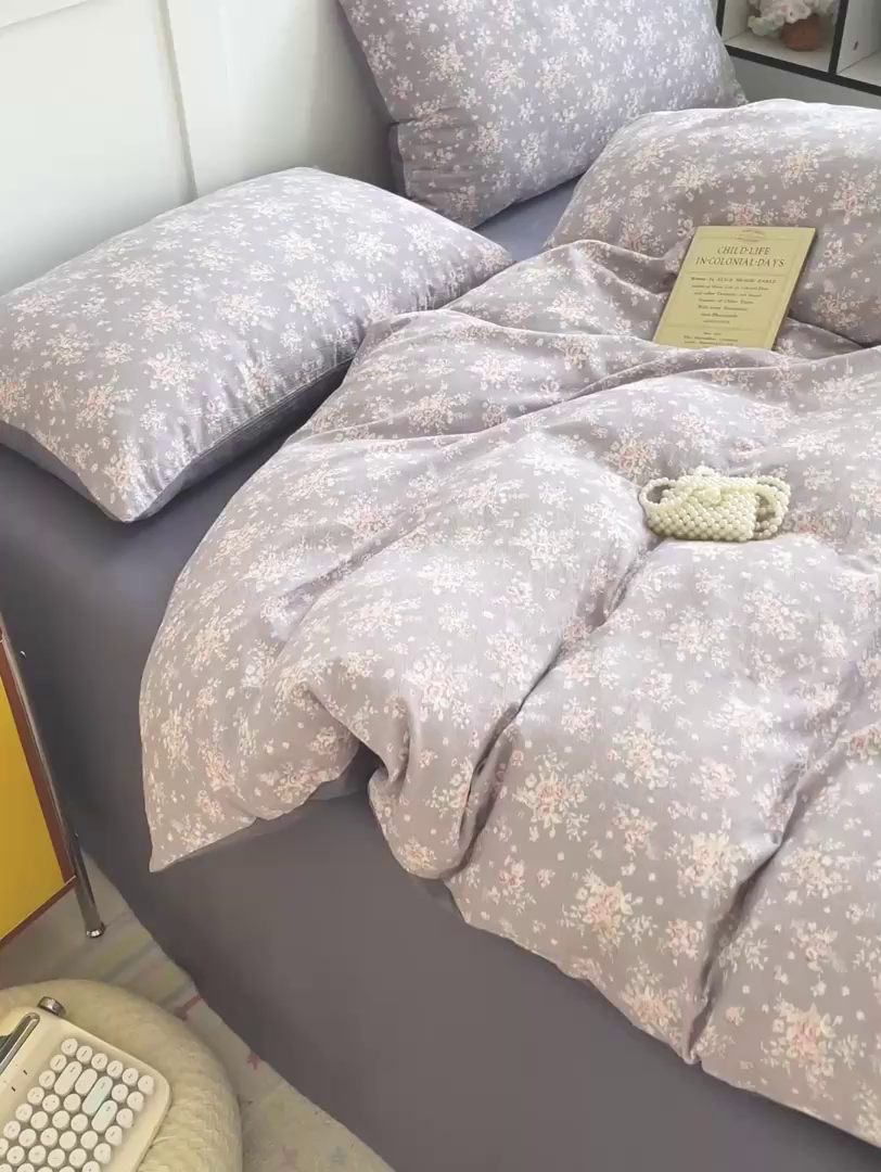 91家纺网 家纺一手货源 找家纺 王朝国际 2025新款爆款云感亚麻有氧双层纱皱皱双层纱四件套 紫蔷薇