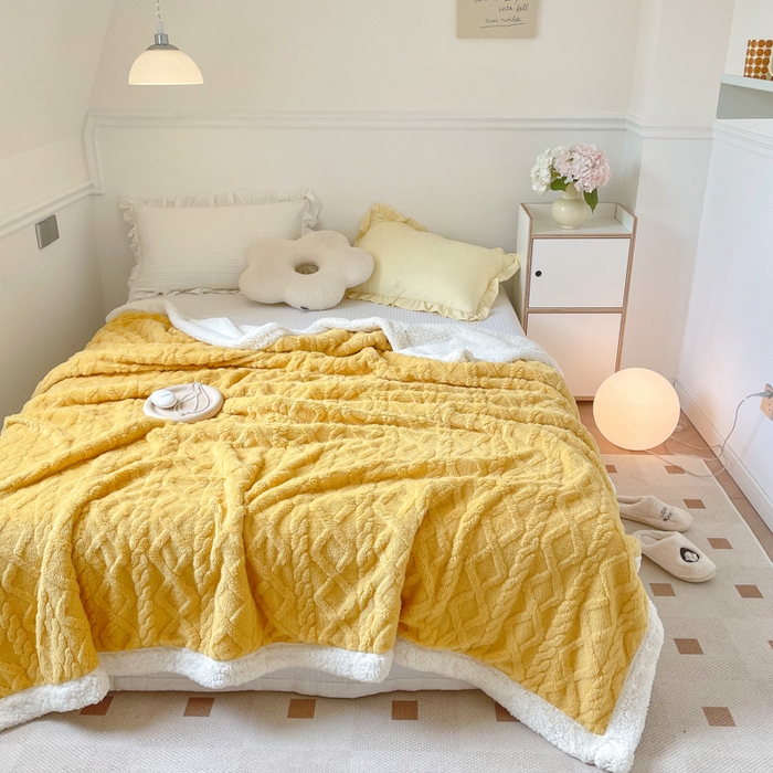 91家纺网 家纺一手货源 找家纺 悦织湾家纺 2025加厚保暖舒棉绒羊羔绒毛毯双面双层宽包边塔芙绒毯子休闲沙发盖毯小被子跨境专供外贸出口可定制 塔夫绒-黄