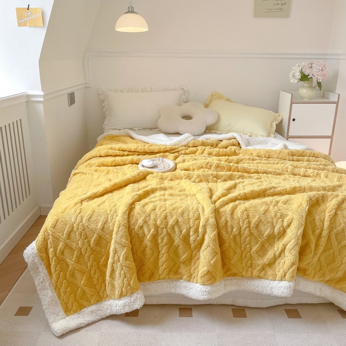 91家纺网 家纺一手货源 找家纺 悦织湾家纺 2025加厚保暖舒棉绒羊羔绒毛毯双面双层宽包边塔芙绒毯子休闲沙发盖毯小被子跨境专供外贸出口可定制 塔夫绒-黄