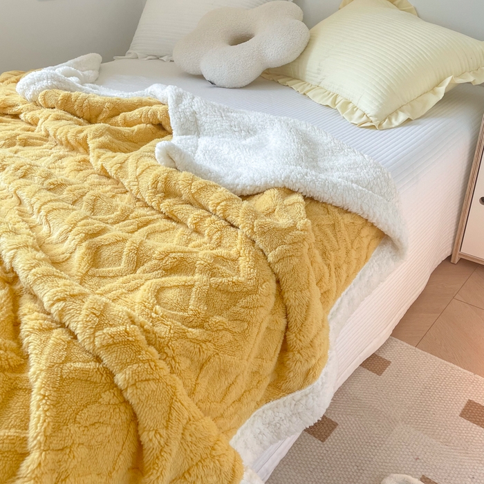 91家纺网 家纺一手货源 找家纺 悦织湾家纺 2025加厚保暖舒棉绒羊羔绒毛毯双面双层宽包边塔芙绒毯子休闲沙发盖毯小被子跨境专供外贸出口可定制 塔夫绒-黄