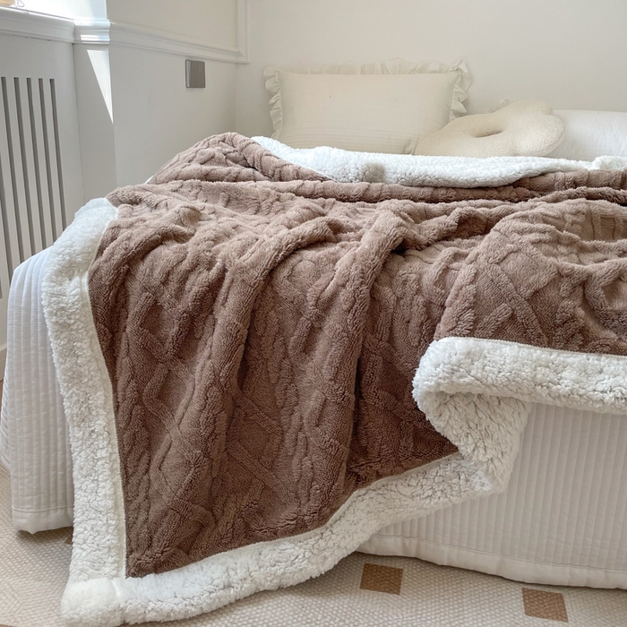 91家纺网 家纺一手货源 找家纺 悦织湾家纺 2025加厚保暖舒棉绒羊羔绒毛毯双面双层宽包边塔芙绒毯子休闲沙发盖毯小被子跨境专供外贸出口可定制 塔夫绒-咖