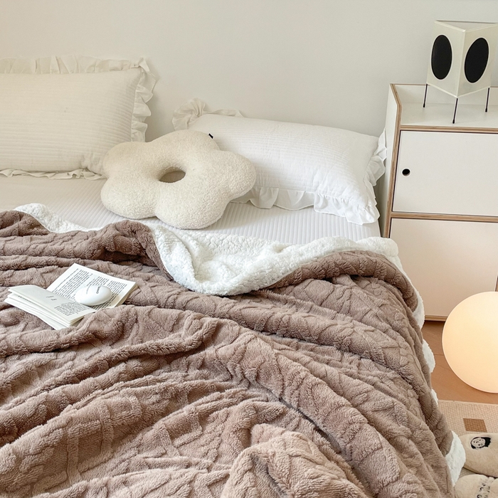 91家纺网 家纺一手货源 找家纺 悦织湾家纺 2025加厚保暖舒棉绒羊羔绒毛毯双面双层宽包边塔芙绒毯子休闲沙发盖毯小被子跨境专供外贸出口可定制 塔夫绒-咖