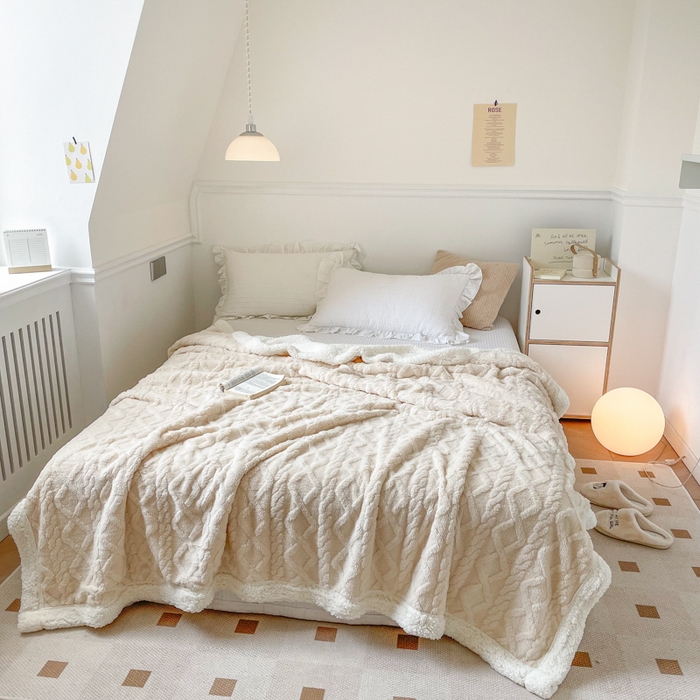 91家纺网 家纺一手货源 找家纺 悦织湾家纺 2025加厚保暖舒棉绒羊羔绒毛毯双面双层宽包边塔芙绒毯子休闲沙发盖毯小被子跨境专供外贸出口可定制 塔夫绒-奶白