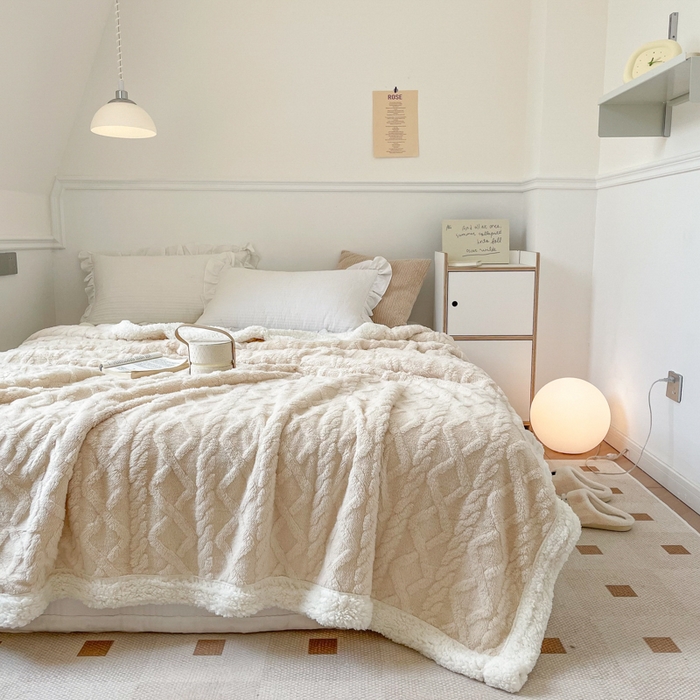 91家纺网 家纺一手货源 找家纺 悦织湾家纺 2025加厚保暖舒棉绒羊羔绒毛毯双面双层宽包边塔芙绒毯子休闲沙发盖毯小被子跨境专供外贸出口可定制 塔夫绒-奶白