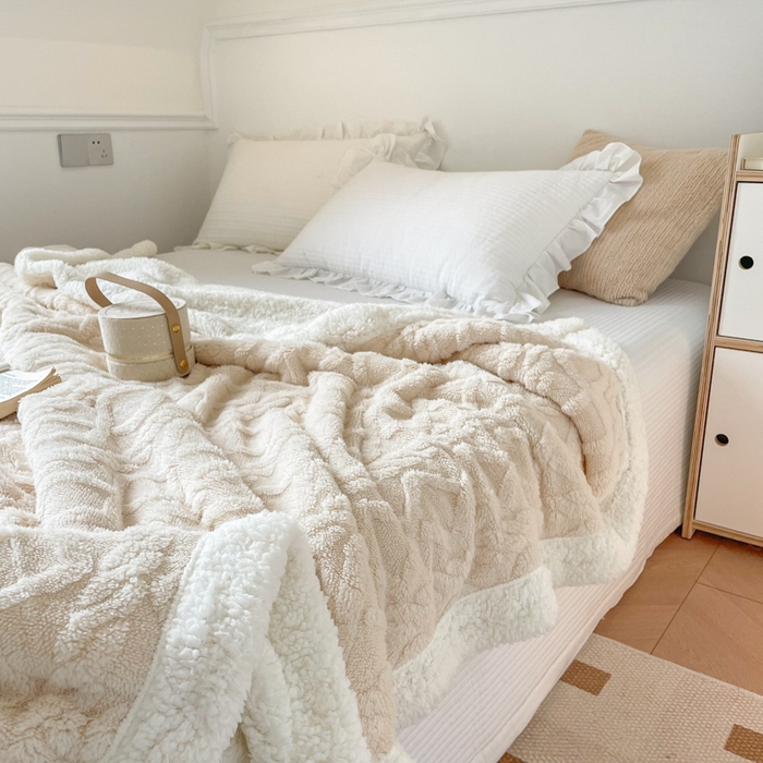 91家纺网 家纺一手货源 找家纺 悦织湾家纺 2025加厚保暖舒棉绒羊羔绒毛毯双面双层宽包边塔芙绒毯子休闲沙发盖毯小被子跨境专供外贸出口可定制 塔夫绒-奶白