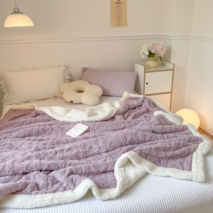 91家纺网 家纺一手货源 找家纺 悦织湾家纺 2025加厚保暖舒棉绒羊羔绒毛毯双面双层宽包边塔芙绒毯子休闲沙发盖毯小被子跨境专供外贸出口可定制 塔芙绒-豆沙紫