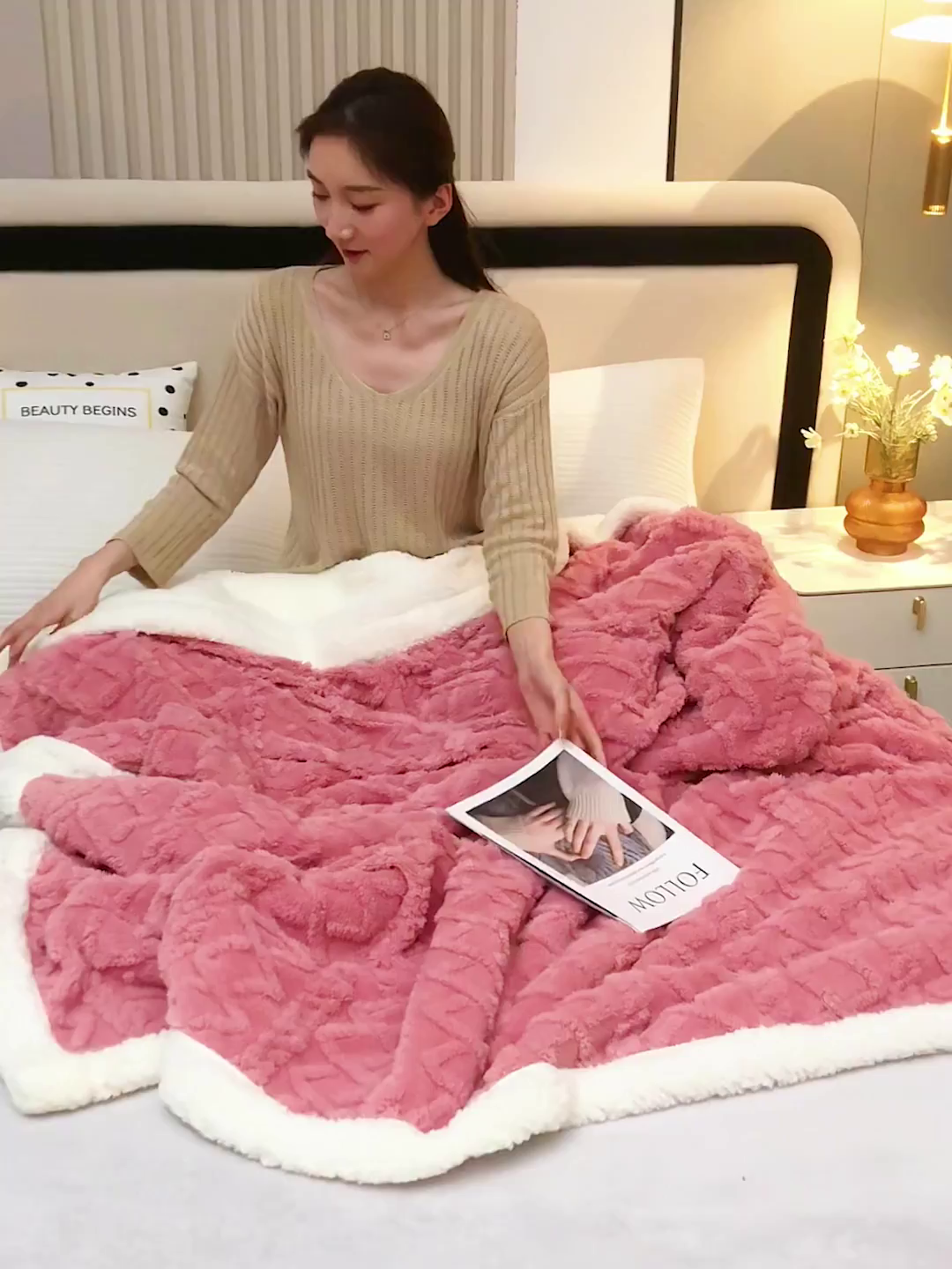 91家纺网 家纺一手货源 找家纺 悦织湾家纺 2025加厚保暖舒棉绒羊羔绒毛毯双面双层宽包边塔芙绒毯子休闲沙发盖毯小被子跨境专供外贸出口可定制 塔芙绒-玫瑰粉
