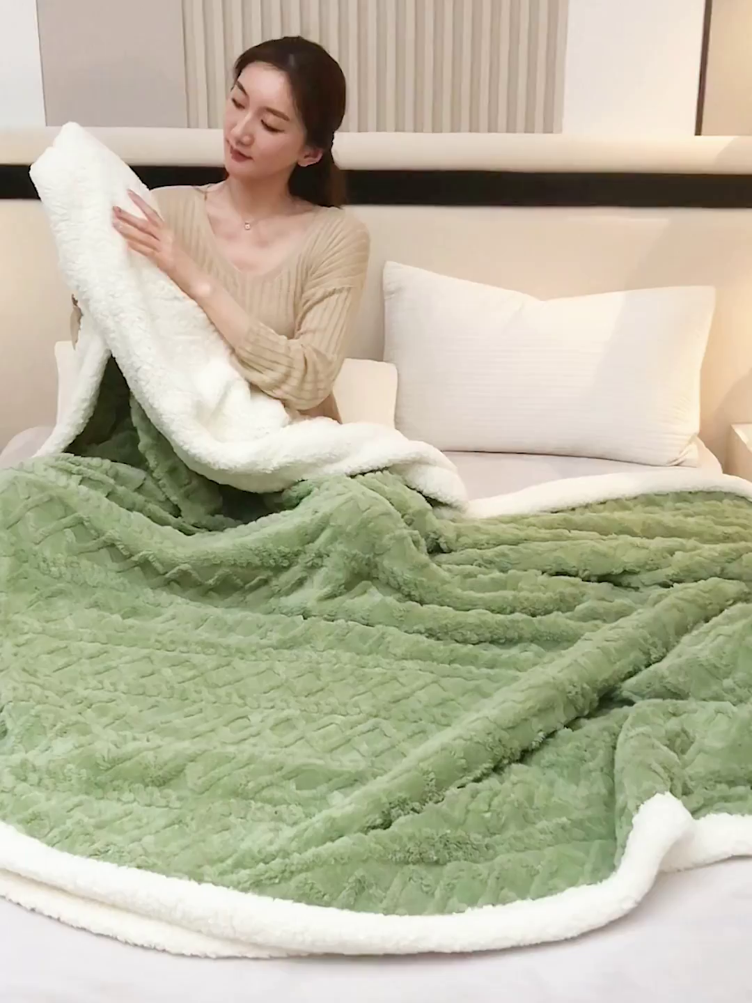 91家纺网 家纺一手货源 找家纺 悦织湾家纺 2025加厚保暖舒棉绒羊羔绒毛毯双面双层宽包边塔芙绒毯子休闲沙发盖毯小被子跨境专供外贸出口可定制 塔芙绒-抹茶绿