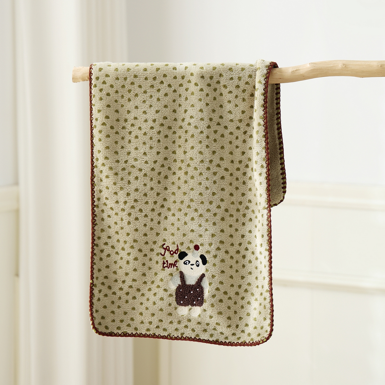 朴尔家纺-毛巾被 2025新款趣趣多毛巾绣勾边珊瑚绒速吸速干毛巾浴巾 毛巾好熊猫-青 35x75cm