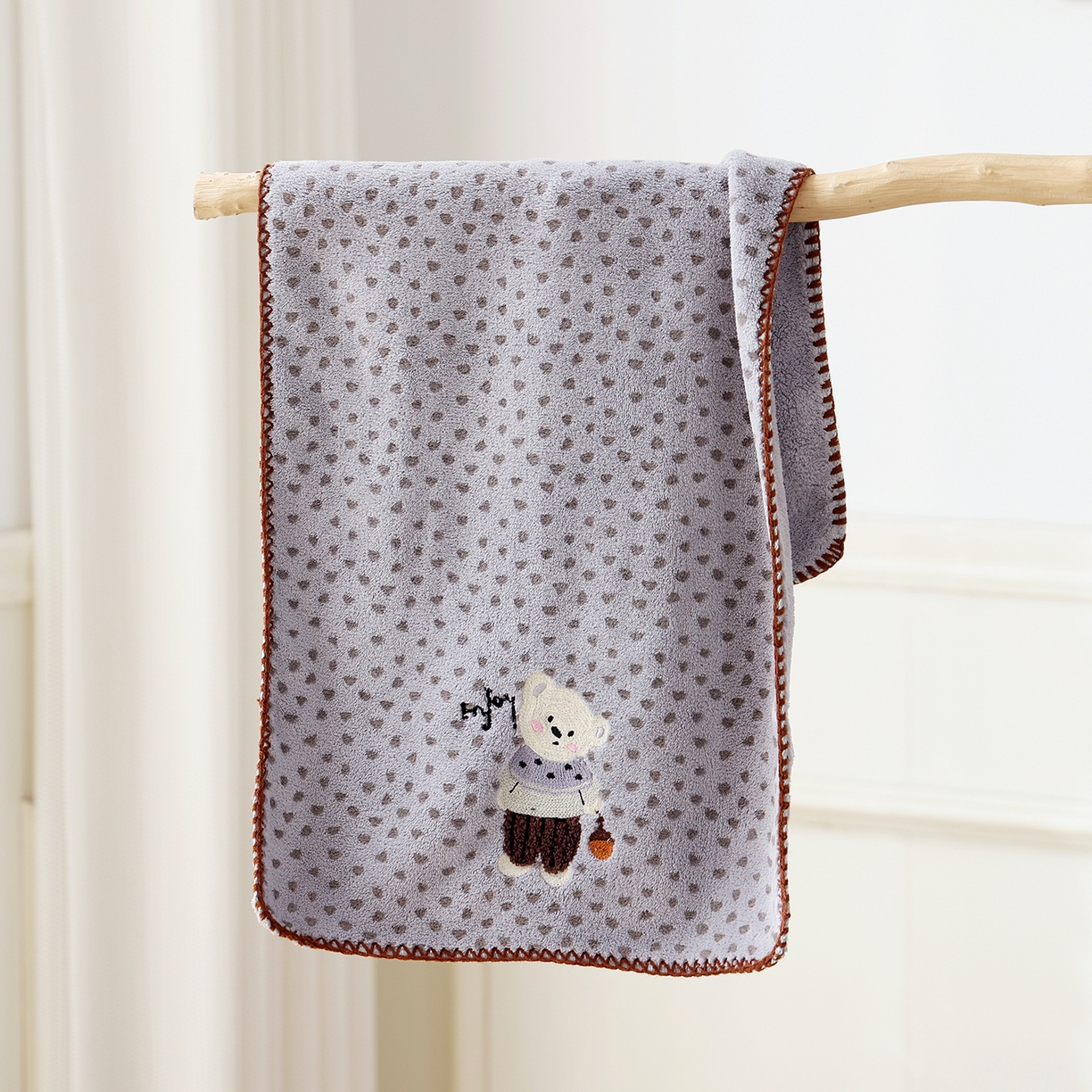 朴尔家纺-毛巾被 2025新款趣趣多毛巾绣勾边珊瑚绒速吸速干毛巾浴巾 毛巾毛衣熊-灰 35x75cm