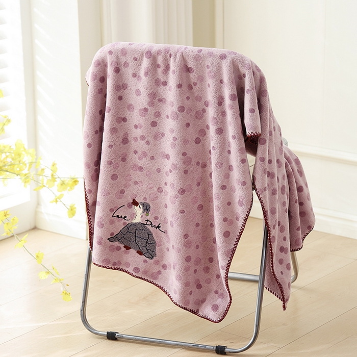 朴尔家纺-毛巾被 2025新款趣趣多毛巾绣勾边珊瑚绒速吸速干毛巾浴巾 浴巾慢慢鸭-紫 70x140cm