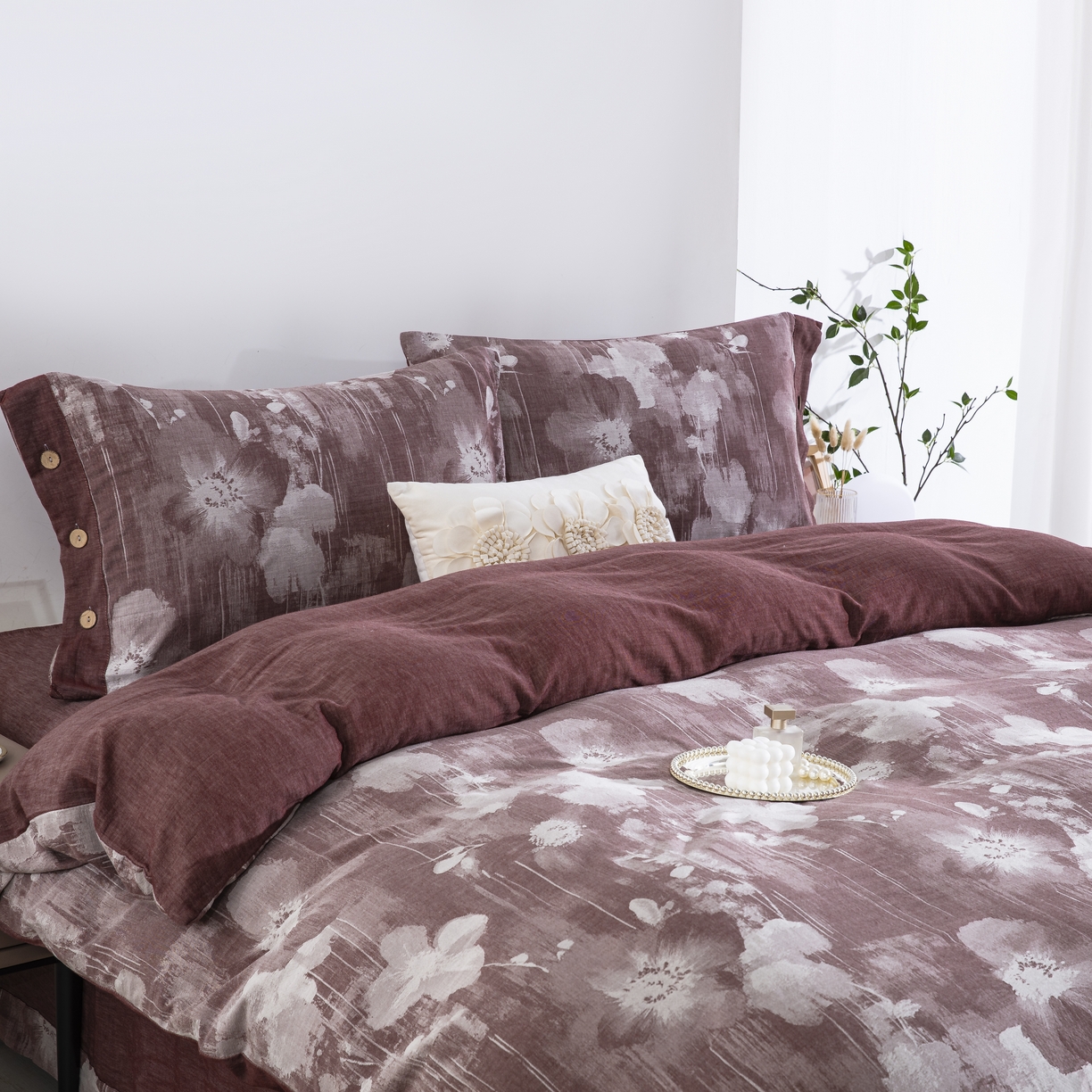 91家纺网 家纺一手货源 找家纺 鲁爱家纺供货 2025新款全棉色织提花四件套 花都-豆沙