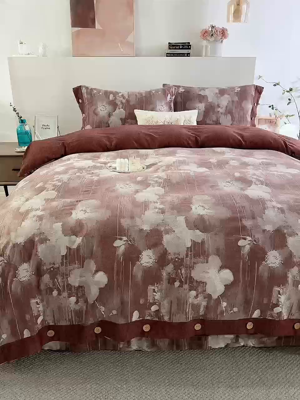 91家纺网 家纺一手货源 找家纺 鲁爱家纺供货 2025新款全棉色织提花四件套 花都-豆沙