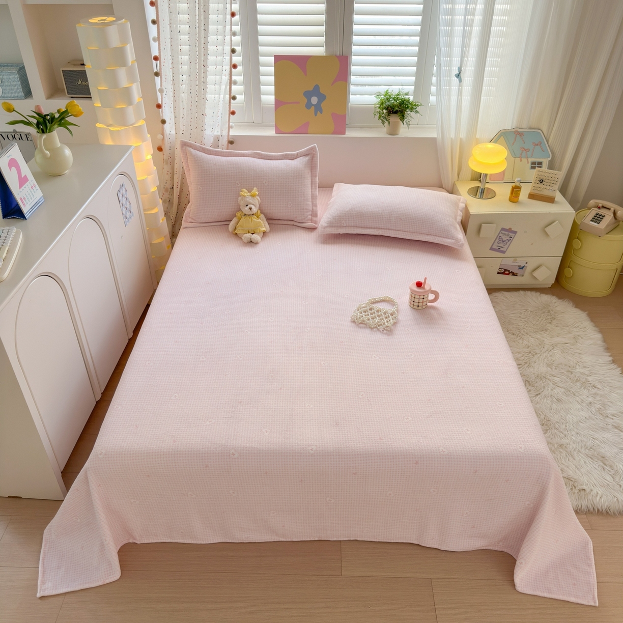 91家纺网 家纺一手货源 找家纺 芙绣家纺 2025新款印花高克重牛奶绒床单系列 爱心格格-浅粉