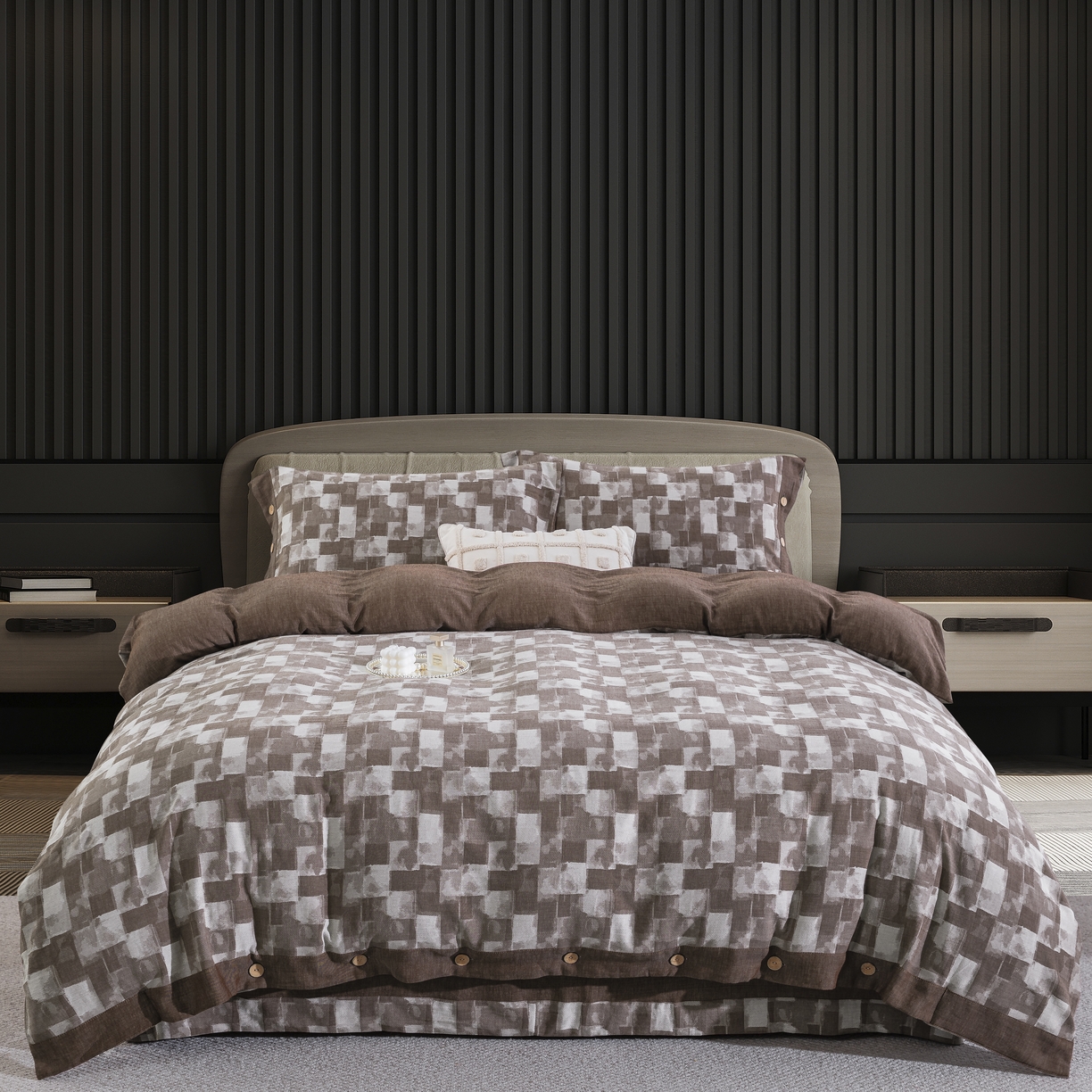 鲁爱家纺供货 2025新款全棉色织提花四件套 都市万象-咖