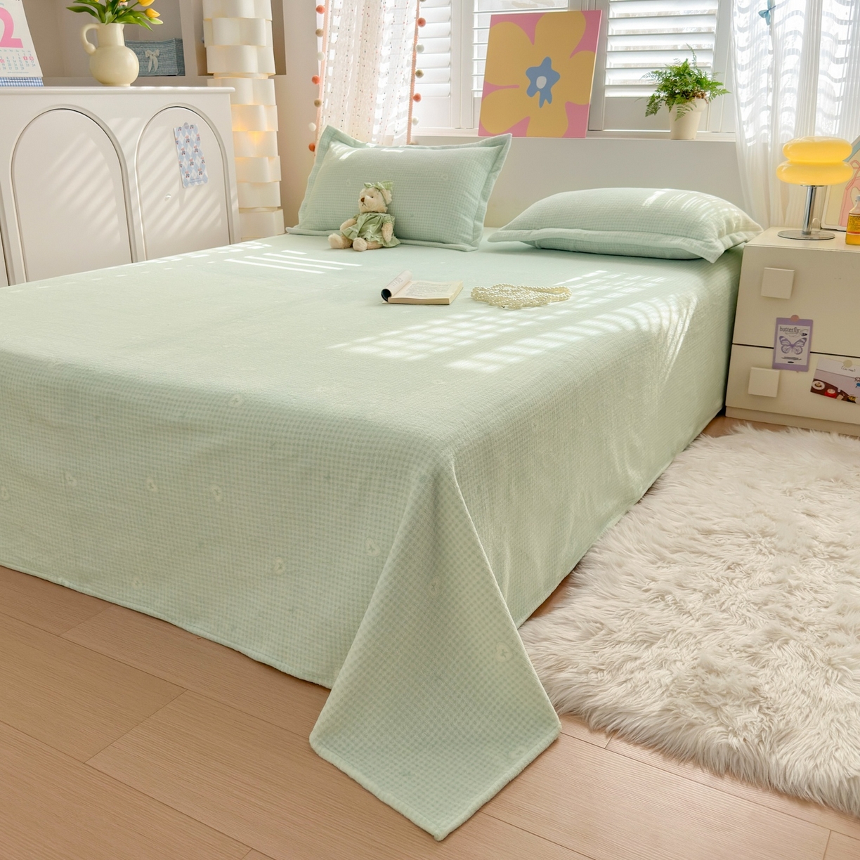 91家纺网 家纺一手货源 找家纺 芙绣家纺 2025新款印花高克重牛奶绒床单系列 爱心格格-浅绿