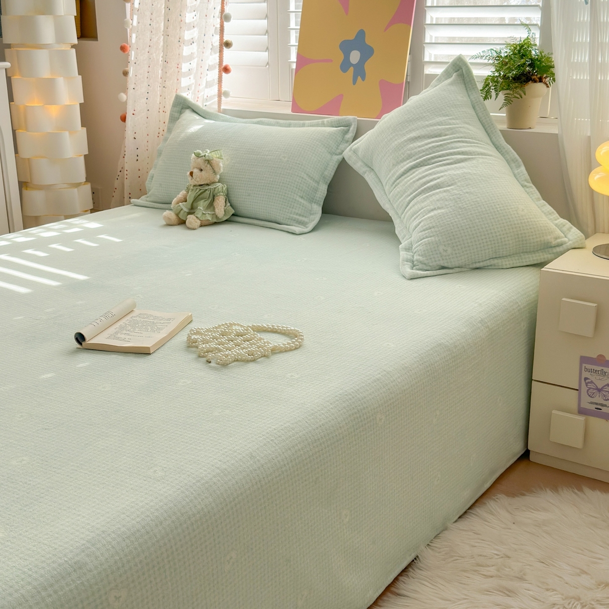 91家纺网 家纺一手货源 找家纺 芙绣家纺 2025新款印花高克重牛奶绒床单系列 爱心格格-浅绿