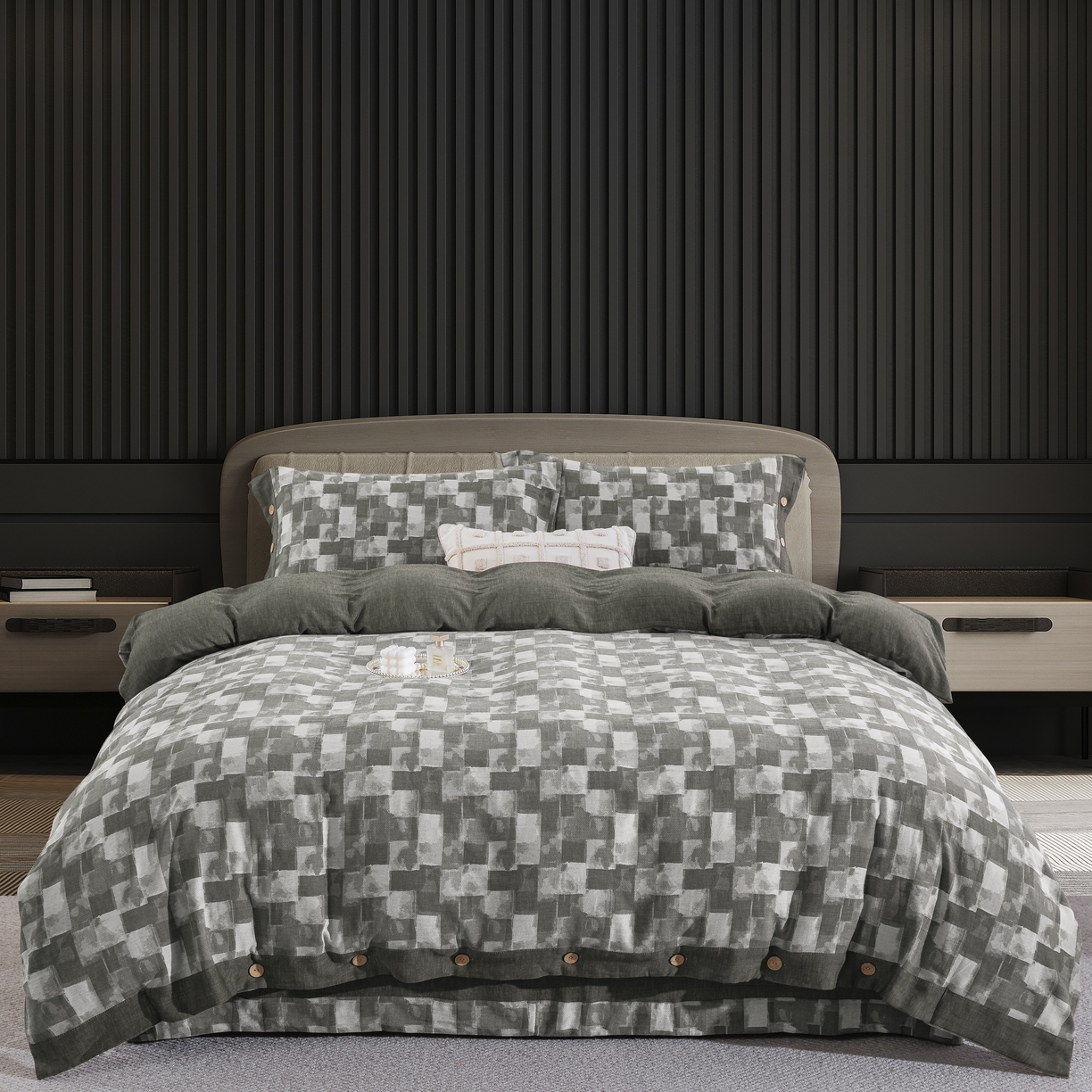 鲁爱家纺供货 2025新款全棉色织提花四件套 都市万象-绿