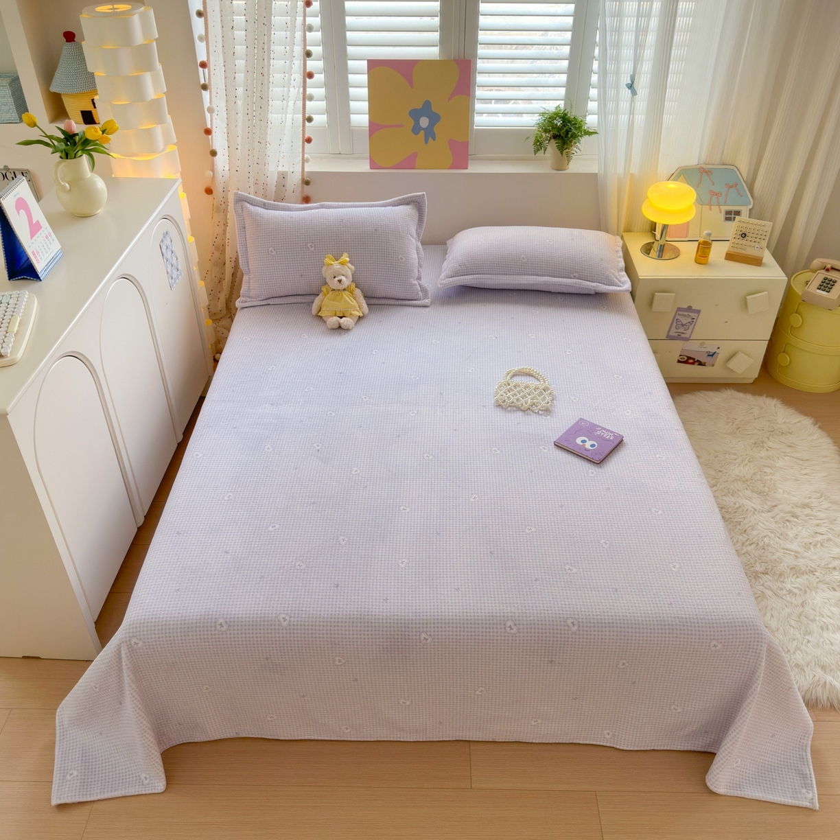 91家纺网 家纺一手货源 找家纺 芙绣家纺 2025新款印花高克重牛奶绒床单系列 爱心格格-浅紫