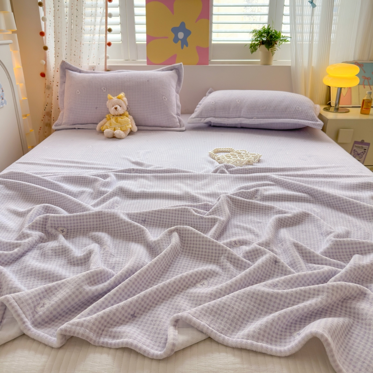 91家纺网 家纺一手货源 找家纺 芙绣家纺 2025新款印花高克重牛奶绒床单系列 爱心格格-浅紫