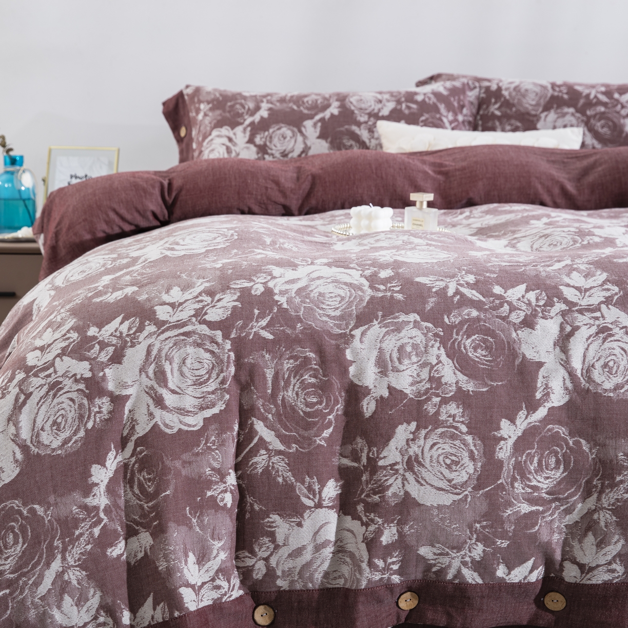 91家纺网 家纺一手货源 找家纺 鲁爱家纺供货 2025新款全棉色织提花四件套 玫瑰庄园-豆沙