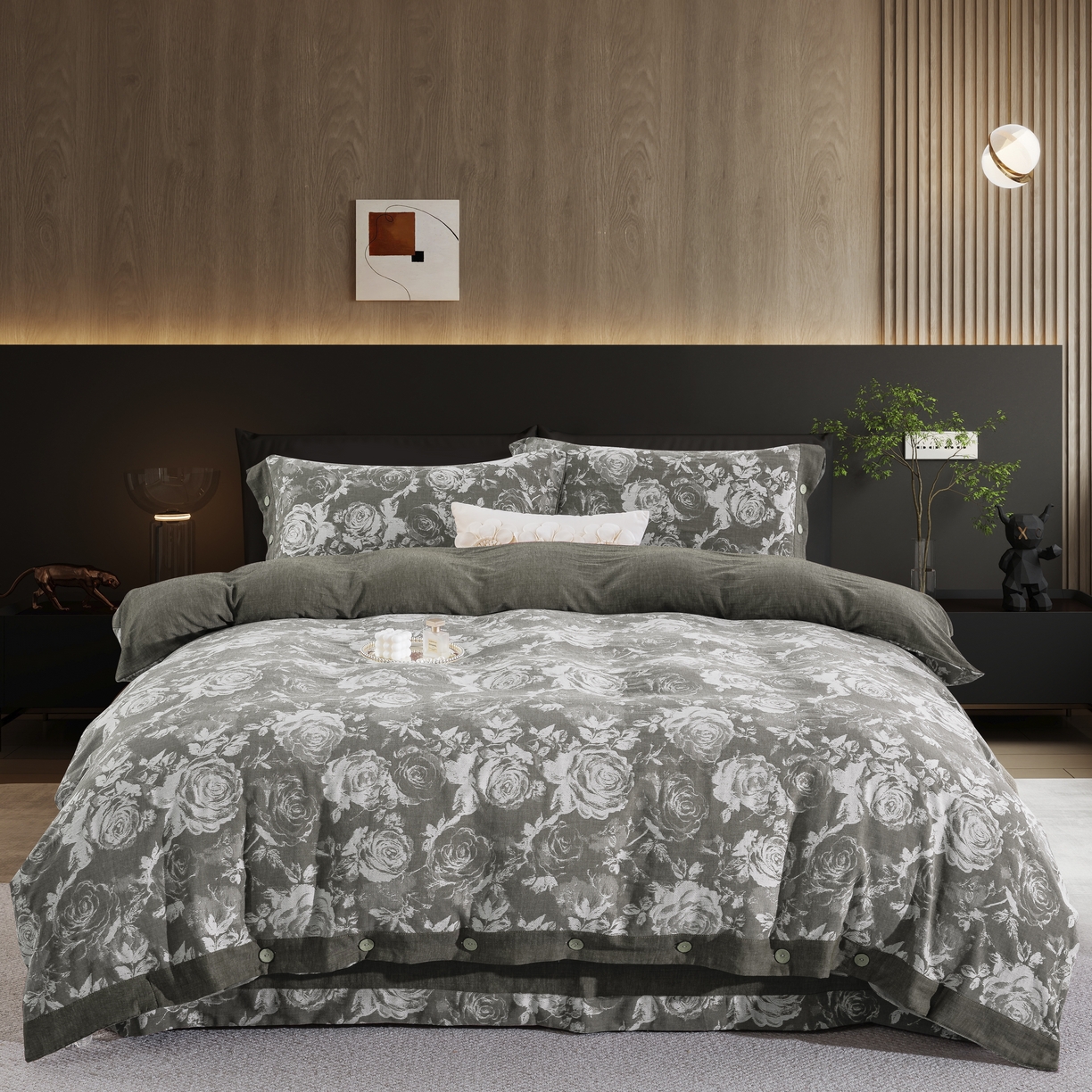 鲁爱家纺供货 2025新款全棉色织提花四件套 玫瑰庄园-绿