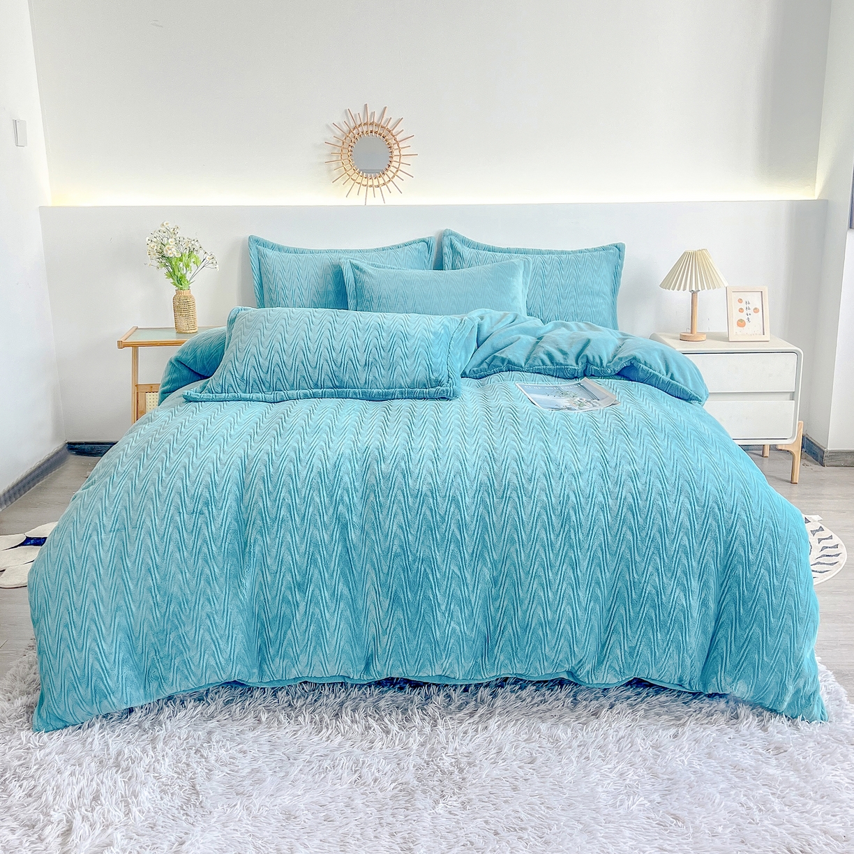 91家纺网 家纺一手货源 找家纺 （总）2025新款全消光皮草绒纯色高克重四件套（赠送拎袋）——波纹