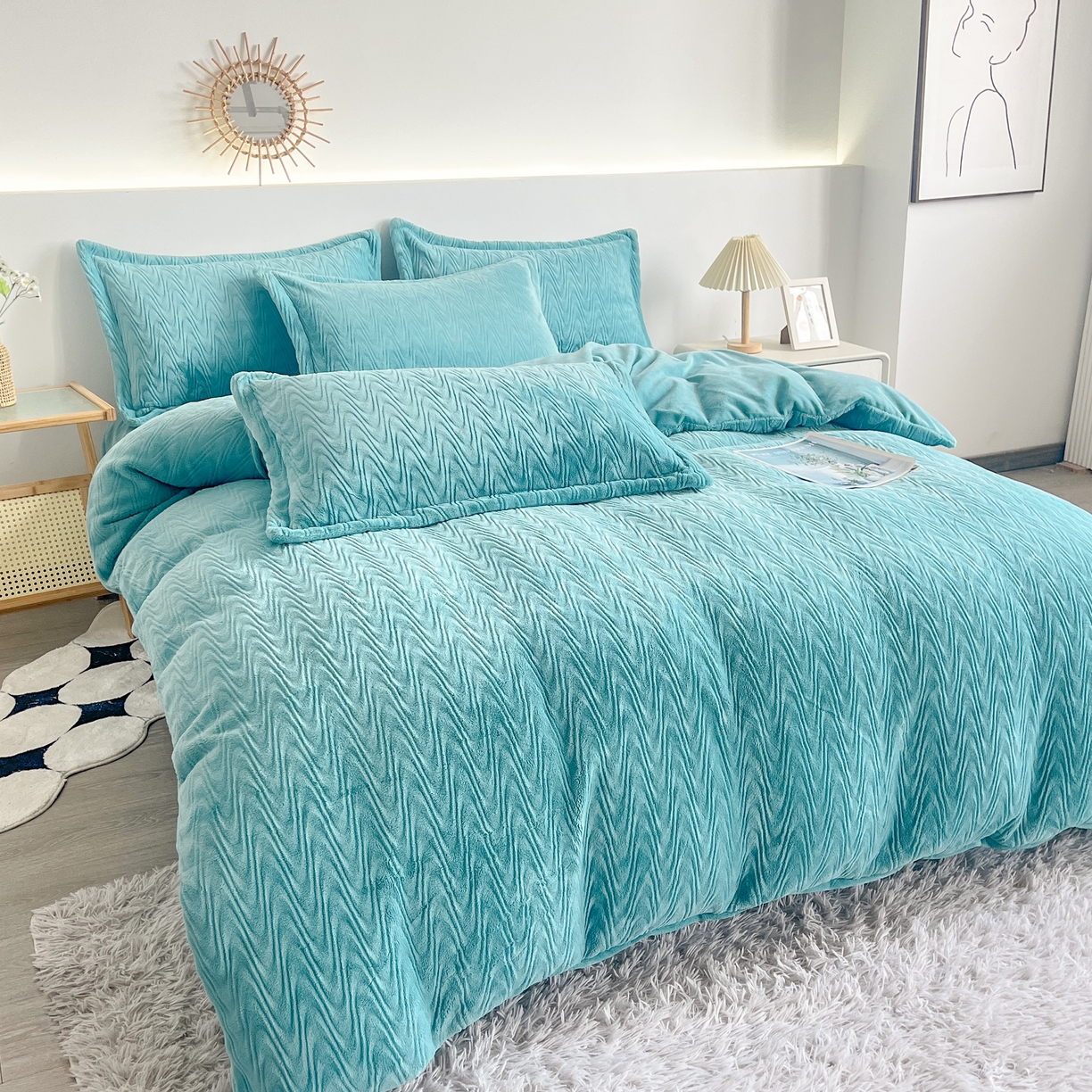 91家纺网 家纺一手货源 找家纺 （总）2025新款全消光皮草绒纯色高克重四件套（赠送拎袋）——波纹