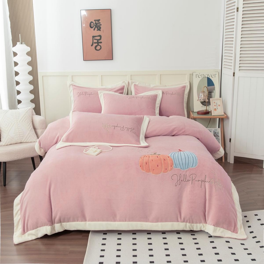 贝尔 2025新款南瓜派-全消光拼角刺绣四件套 豆沙粉
