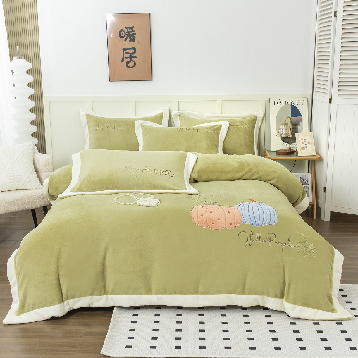 91家纺网 家纺一手货源 找家纺 贝尔 2025新款南瓜派-全消光拼角刺绣四件套 芥末绿