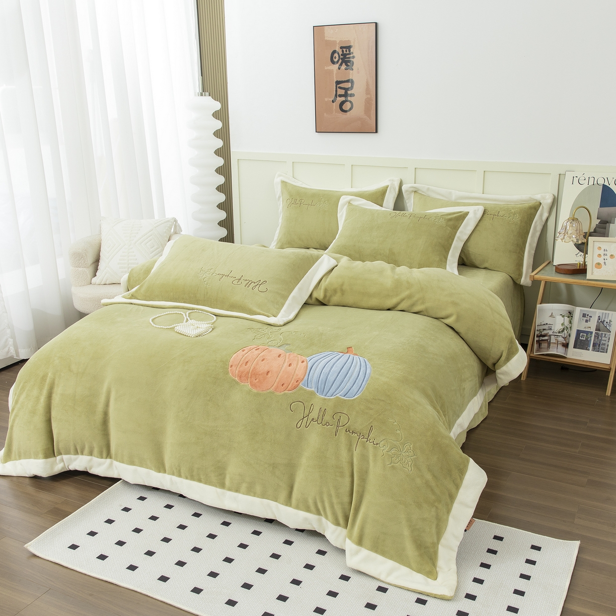 91家纺网 家纺一手货源 找家纺 贝尔 2025新款南瓜派-全消光拼角刺绣四件套 芥末绿