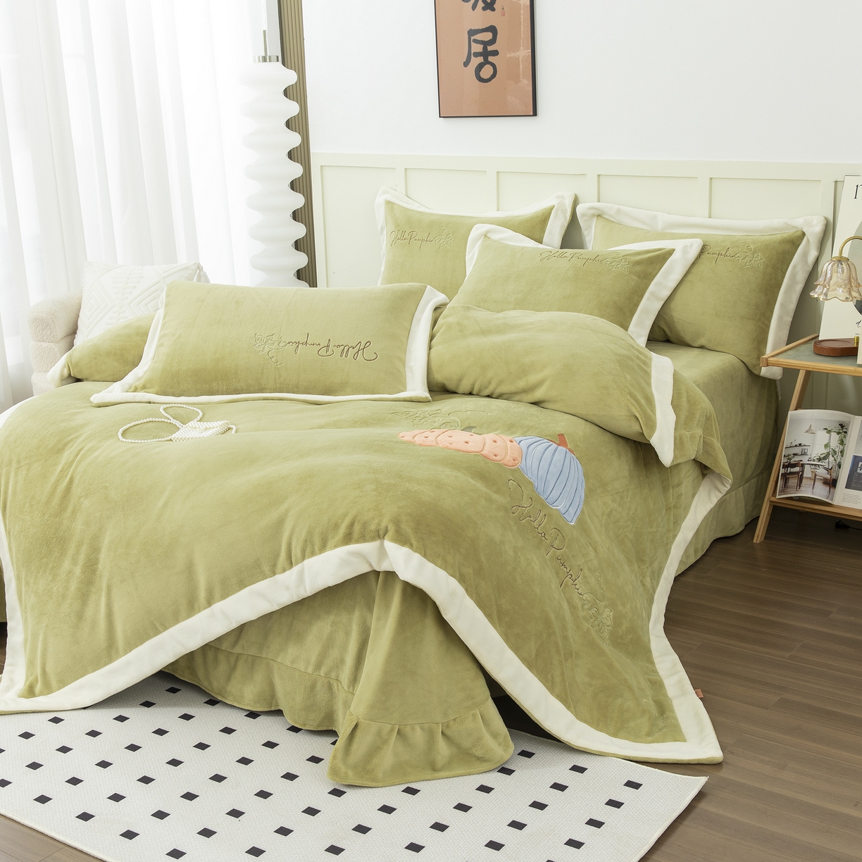 91家纺网 家纺一手货源 找家纺 贝尔 2025新款南瓜派-全消光拼角刺绣四件套 芥末绿