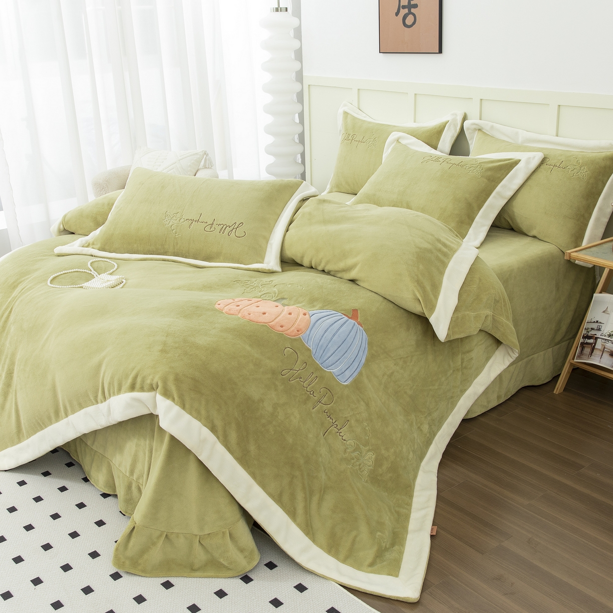 91家纺网 家纺一手货源 找家纺 贝尔 2025新款南瓜派-全消光拼角刺绣四件套 芥末绿