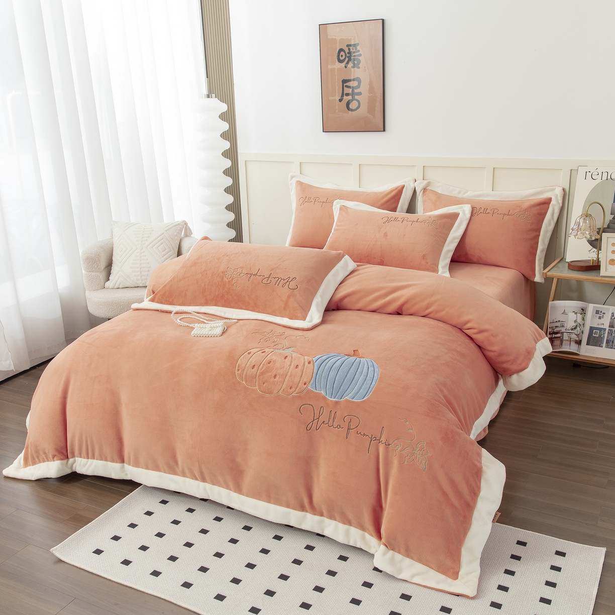 91家纺网 家纺一手货源 找家纺 贝尔 2025新款南瓜派-全消光拼角刺绣四件套 橘色